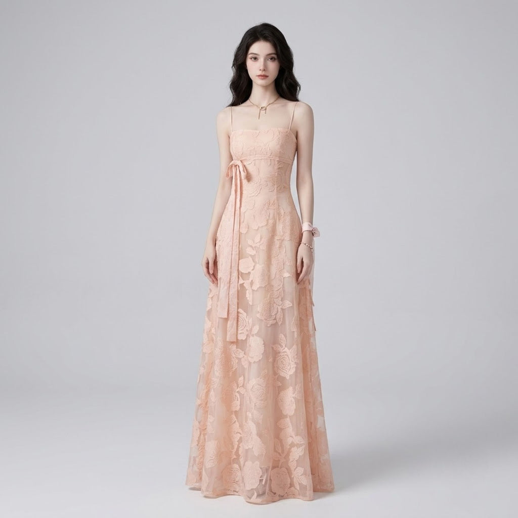 Romantic Pink Embossed Floral Cami Dress