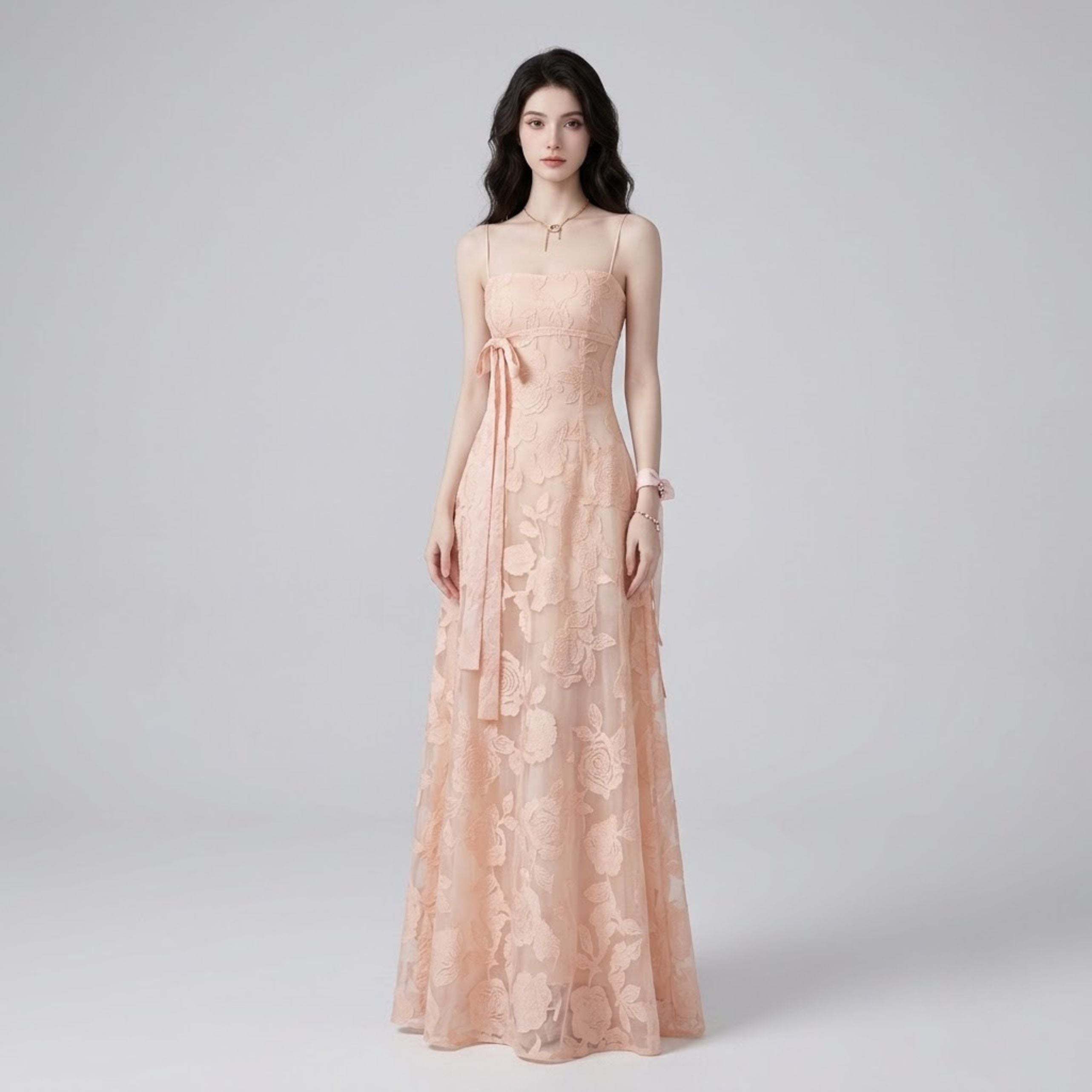 Romantic Pink Embossed Floral Cami Dress