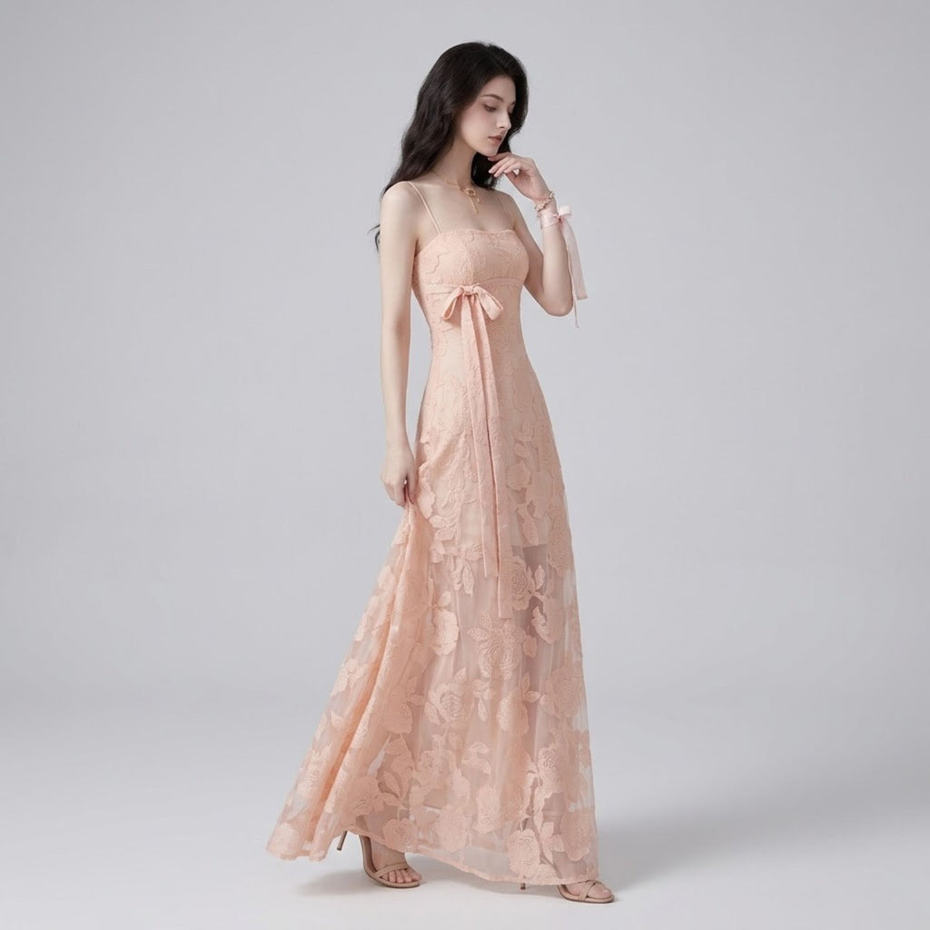 Romantic Pink Embossed Floral Cami Dress