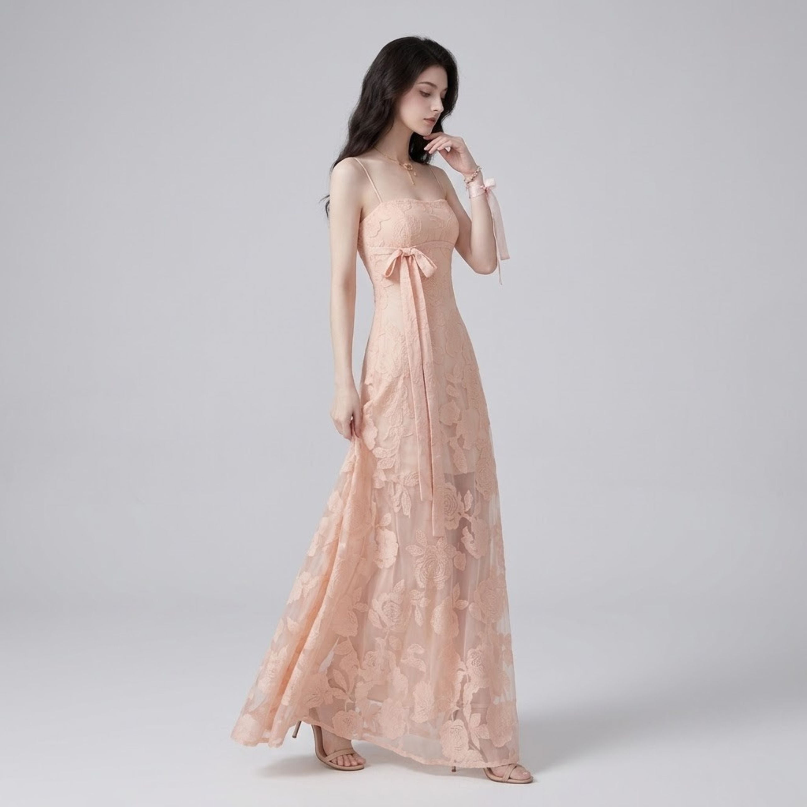 Romantic Pink Embossed Floral Cami Dress