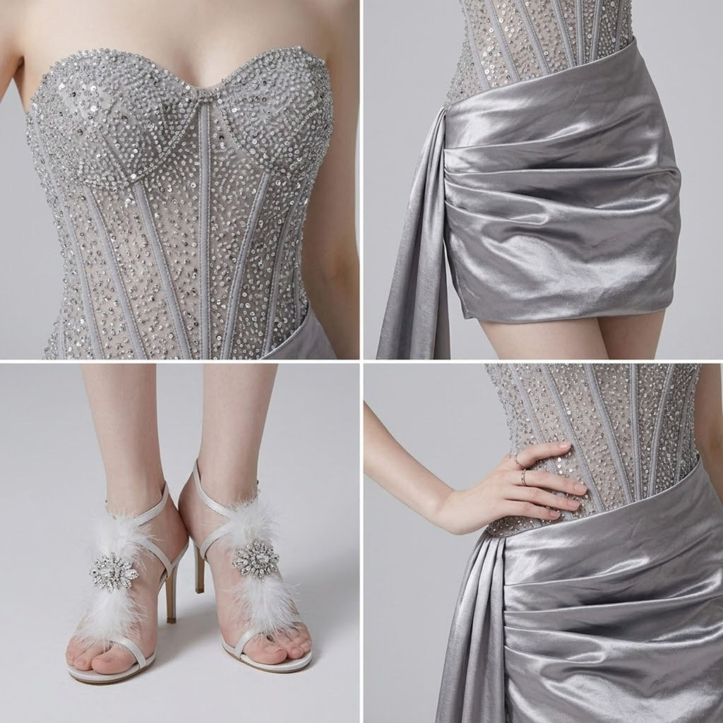 Strapless Satin Sequin Accents Dress
