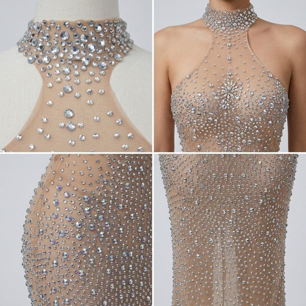 Heavy-Craft All-Over Crystal Halter Dress