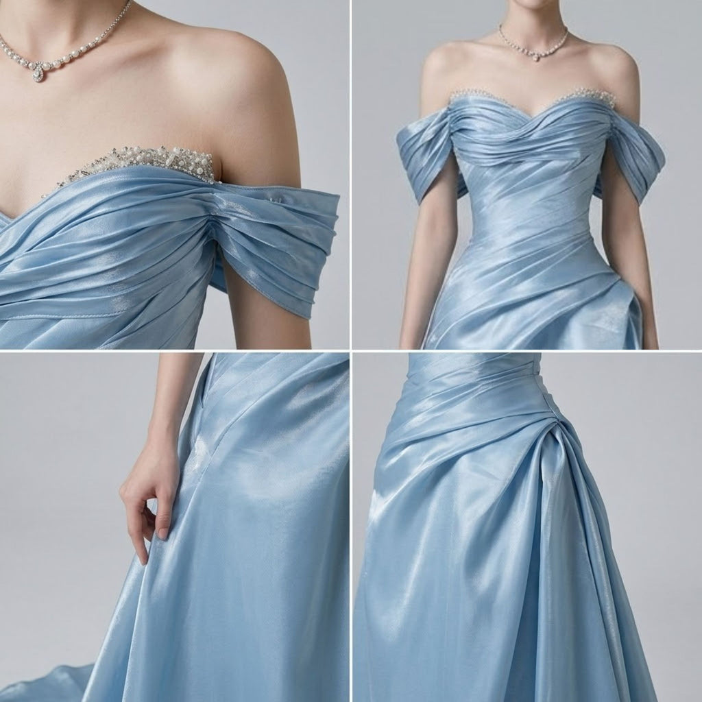 Sophisticated French Off-the-Shoulder Evening Dress