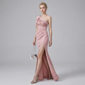 Heavy-Craft One-Shoulder Bow Embroidered High-Slit Evening Dress