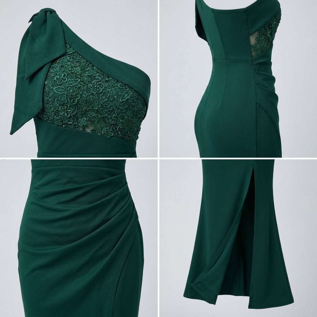 Heavy-Craft One-Shoulder Bow Embroidered High-Slit Evening Dress