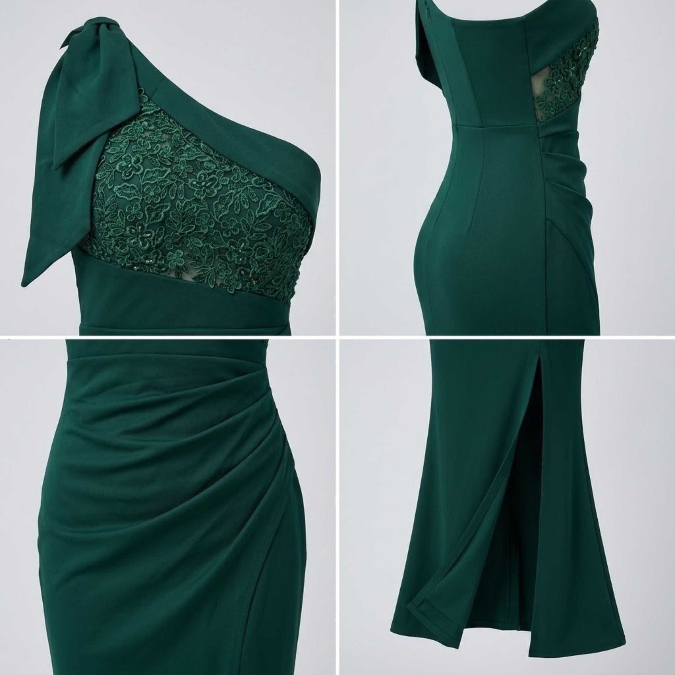 Heavy-Craft One-Shoulder Bow Embroidered High-Slit Evening Dress