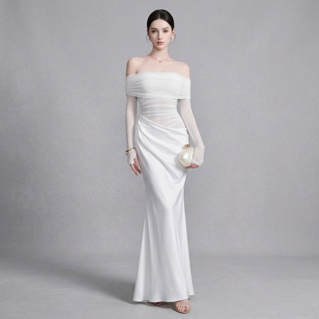 Romantic Off-Shoulder Sheer Tulle Splice Evening Dress