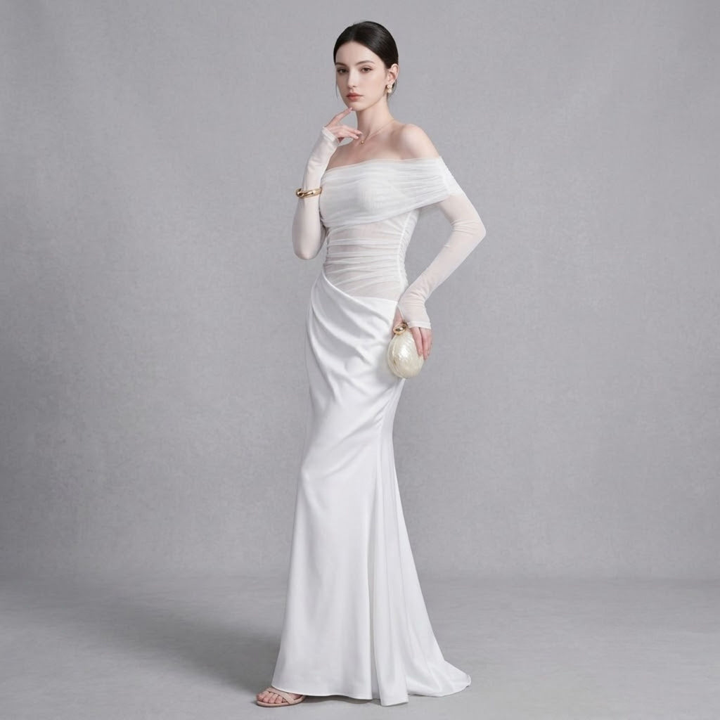 Romantic Off-Shoulder Sheer Tulle Splice Evening Dress