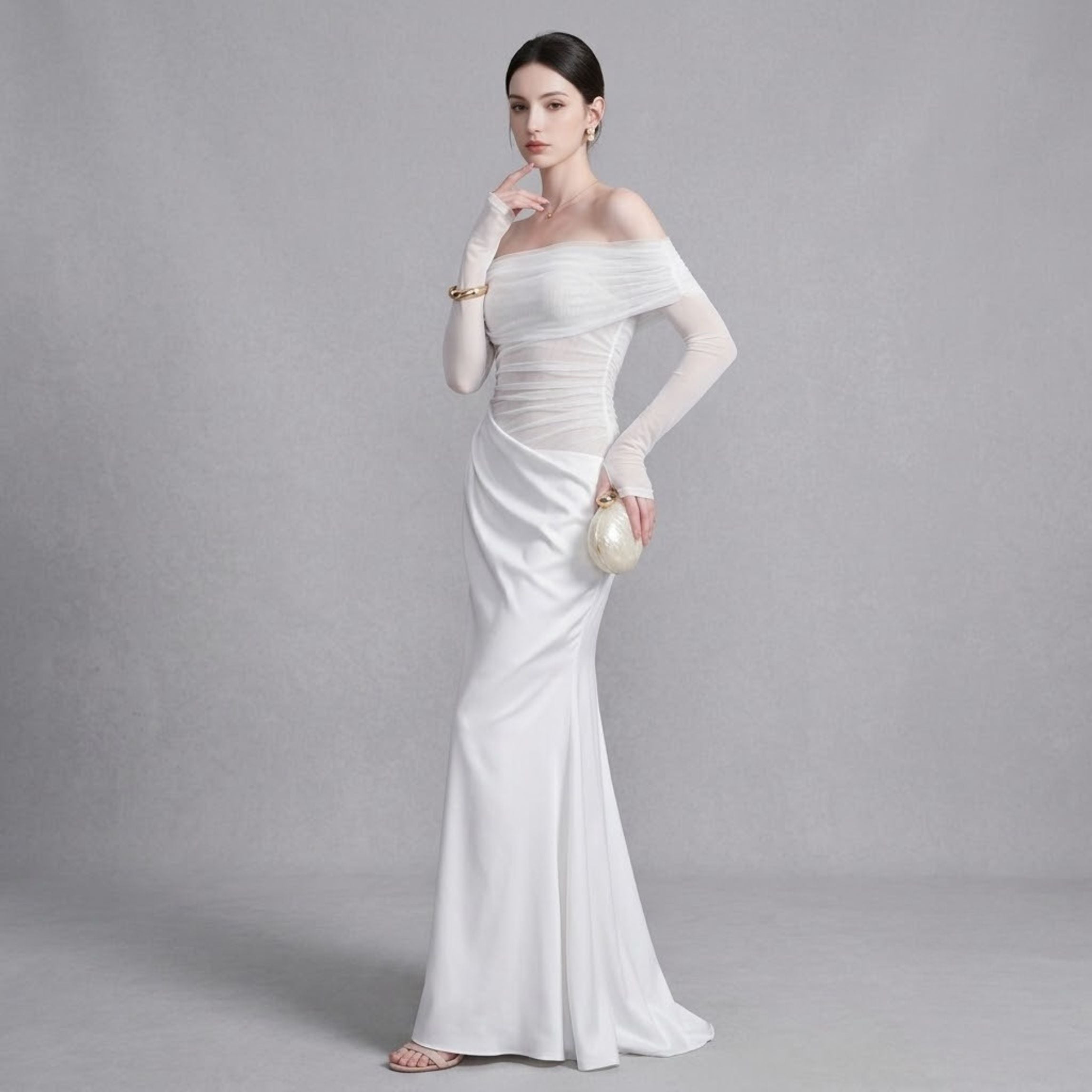 Romantic Off-Shoulder Sheer Tulle Splice Evening Dress