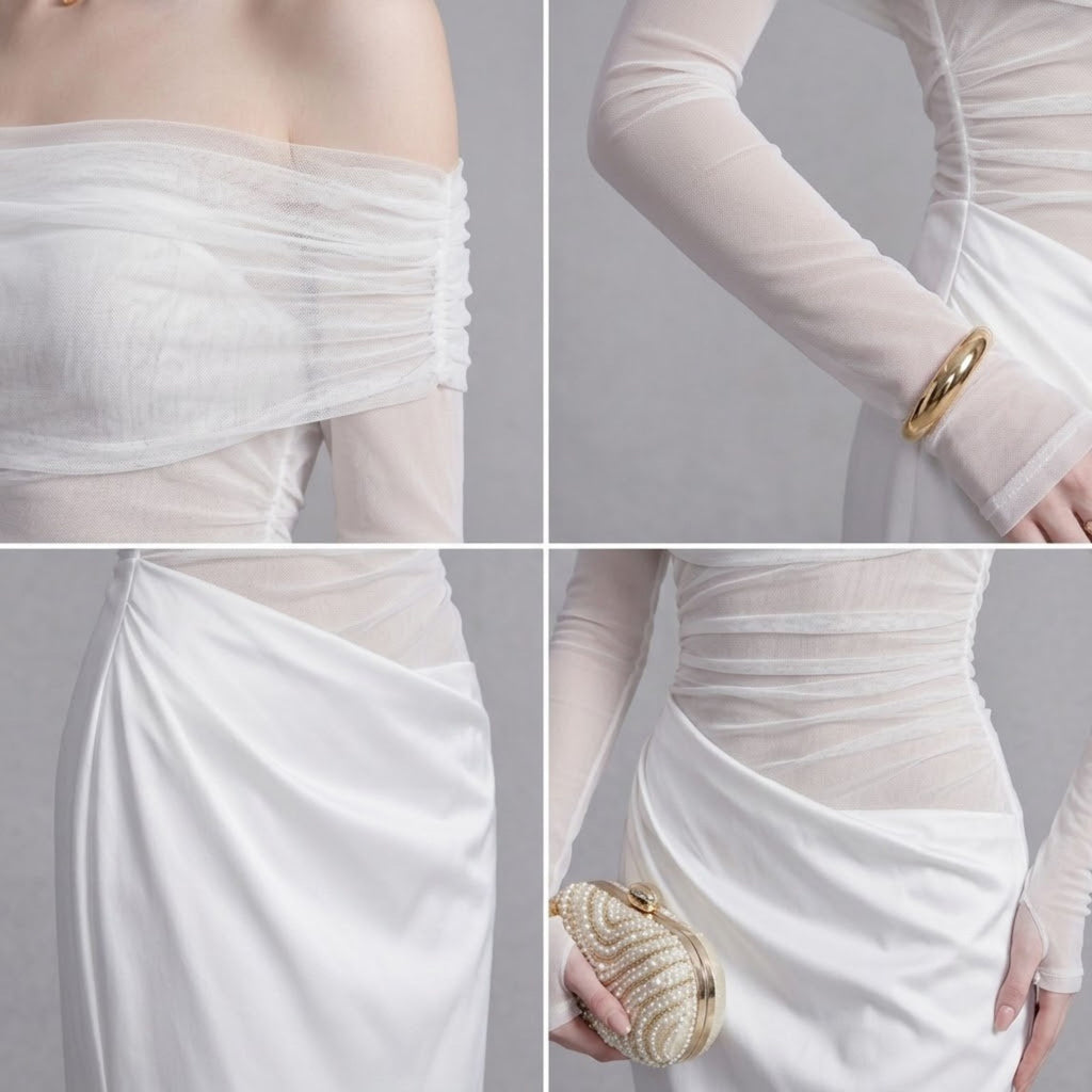 Romantic Off-Shoulder Sheer Tulle Splice Evening Dress