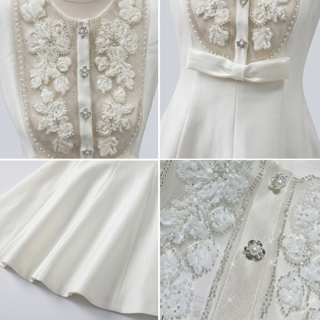 Single-Breasted Crystal Bow Mesh Floral Dress