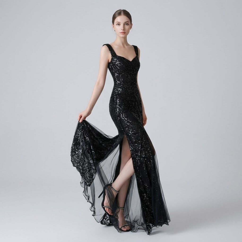 Retro Shimmering Sequin Mesh Gala Evening Dress