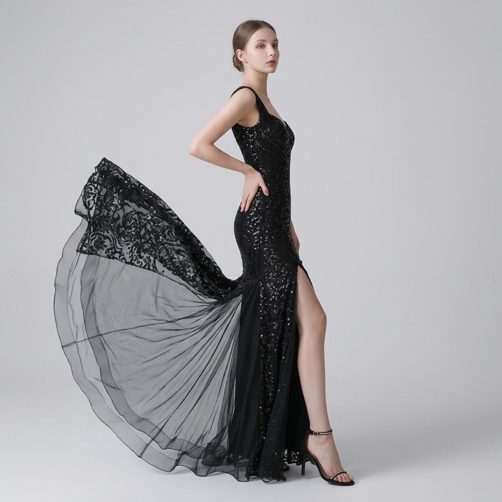 Retro Shimmering Sequin Mesh Gala Evening Dress