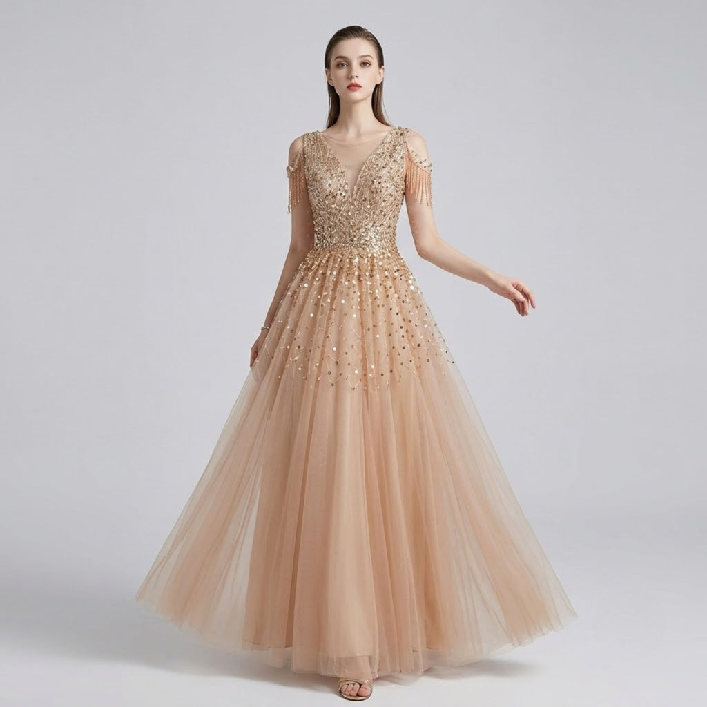 Couture Embroidered Sequin Evening Dress