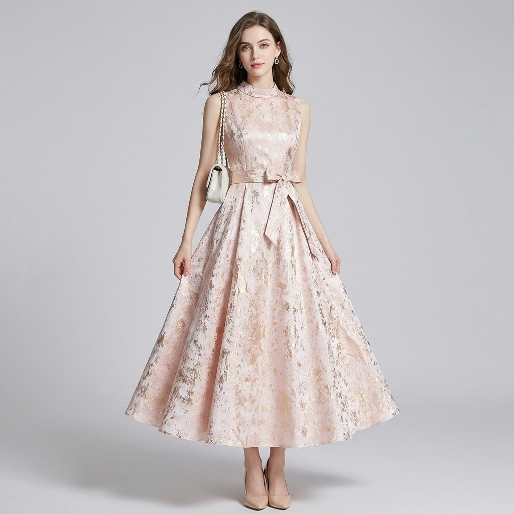 Gilded Jacquard Lustrous Satin Dress