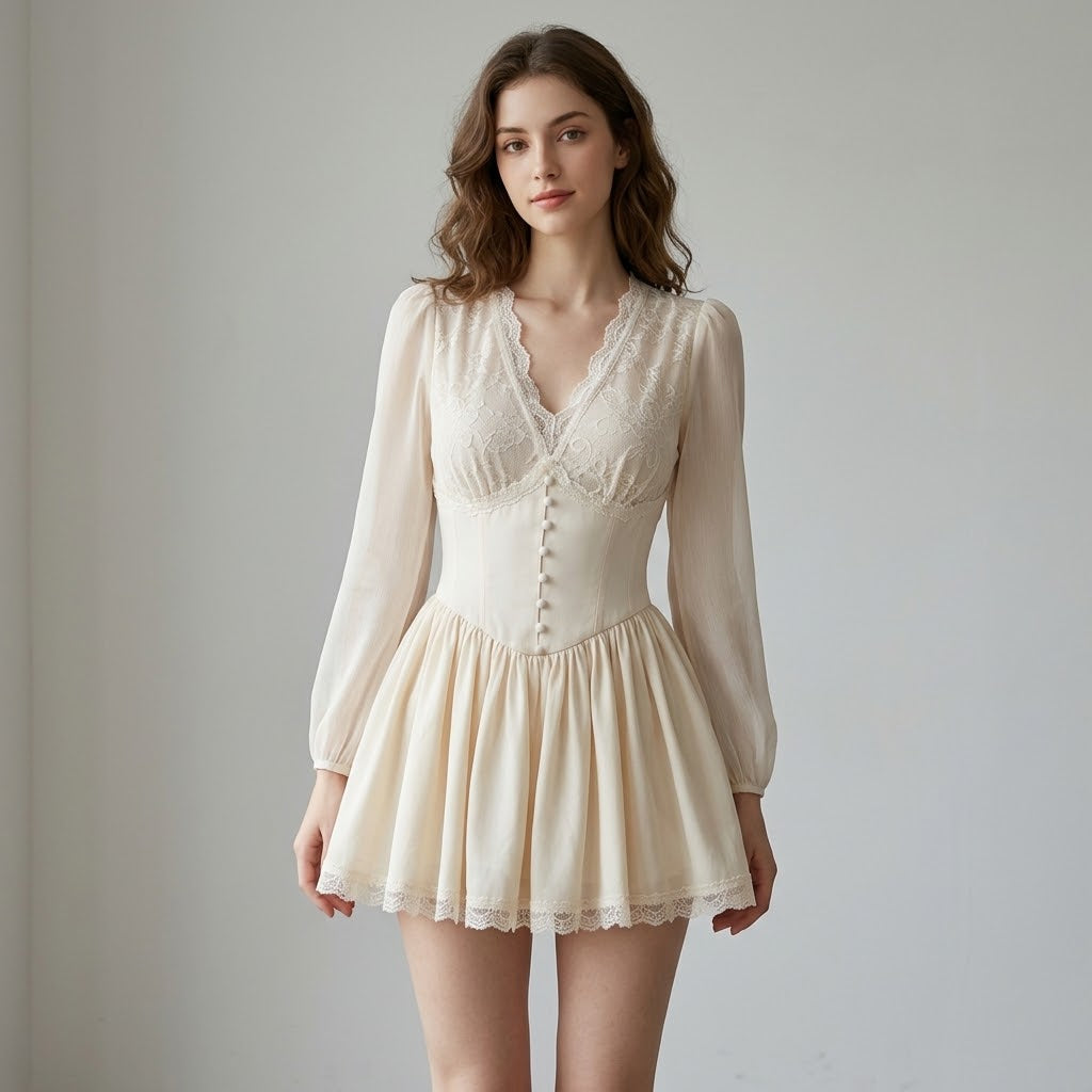 V-Neck Lace-Panel Long-Sleeve Sheath Dress with Cinched Waist