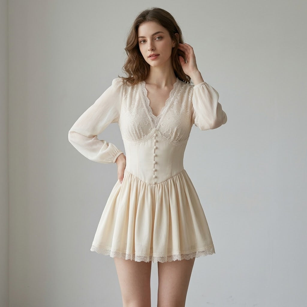 V-Neck Lace-Panel Long-Sleeve Sheath Dress with Cinched Waist