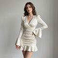 Deep V-Neck Ruffle-Trim Long-Sleeve Midi Dress with Cinched Waist