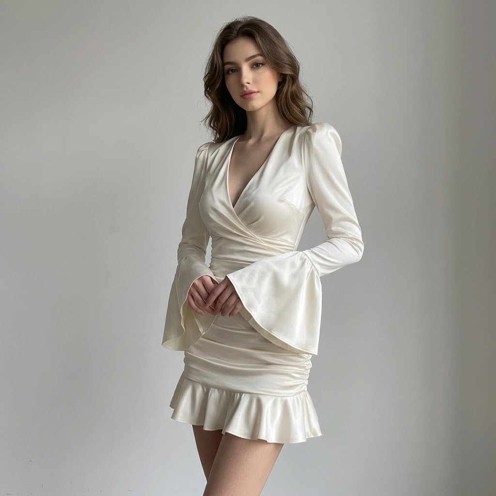 Deep V-Neck Ruffle-Trim Long-Sleeve Midi Dress with Cinched Waist