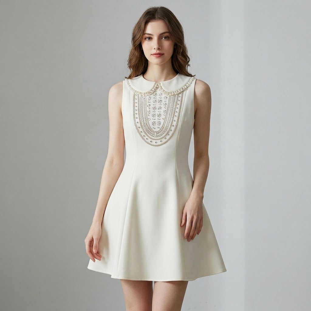 Artisanal Beaded Doll-Collar Gilded Satin Dress