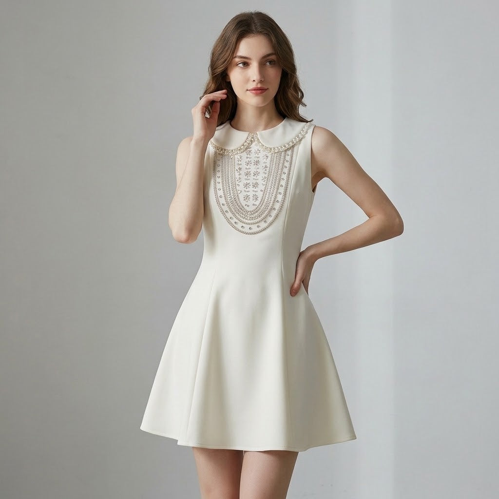 Artisanal Beaded Doll-Collar Gilded Satin Dress