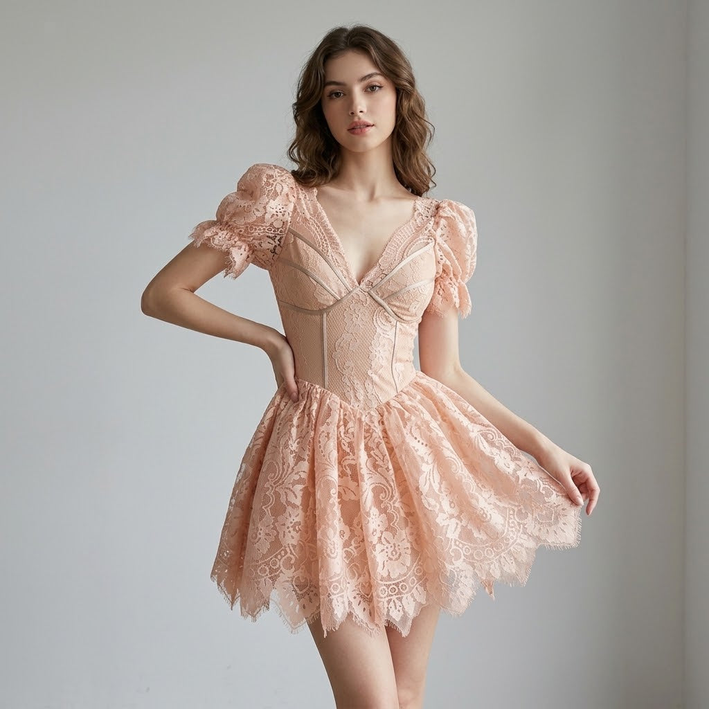 Vintage Court-Style Off-Shoulder Puff-Sleeve Chiffon  Dress