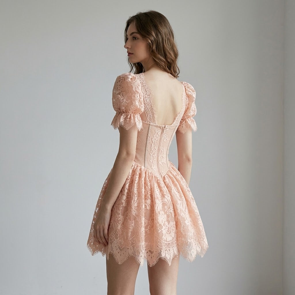 Vintage Court-Style Off-Shoulder Puff-Sleeve Chiffon  Dress