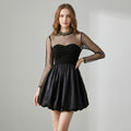 Artisanal Hot-Fix Crystal Mesh-Spliced Tulip Mini Dress with Sculpted Cinched Waist
