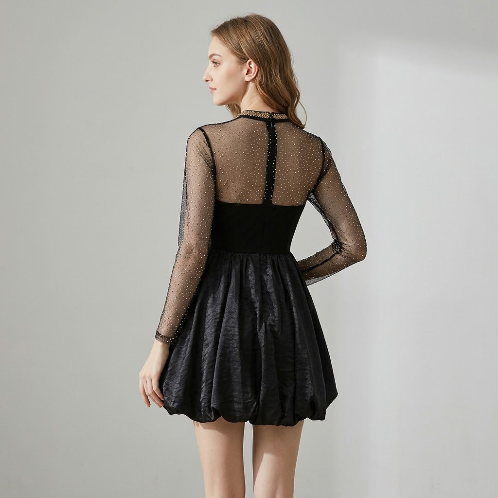 Artisanal Hot-Fix Crystal Mesh-Spliced Tulip Mini Dress with Sculpted Cinched Waist