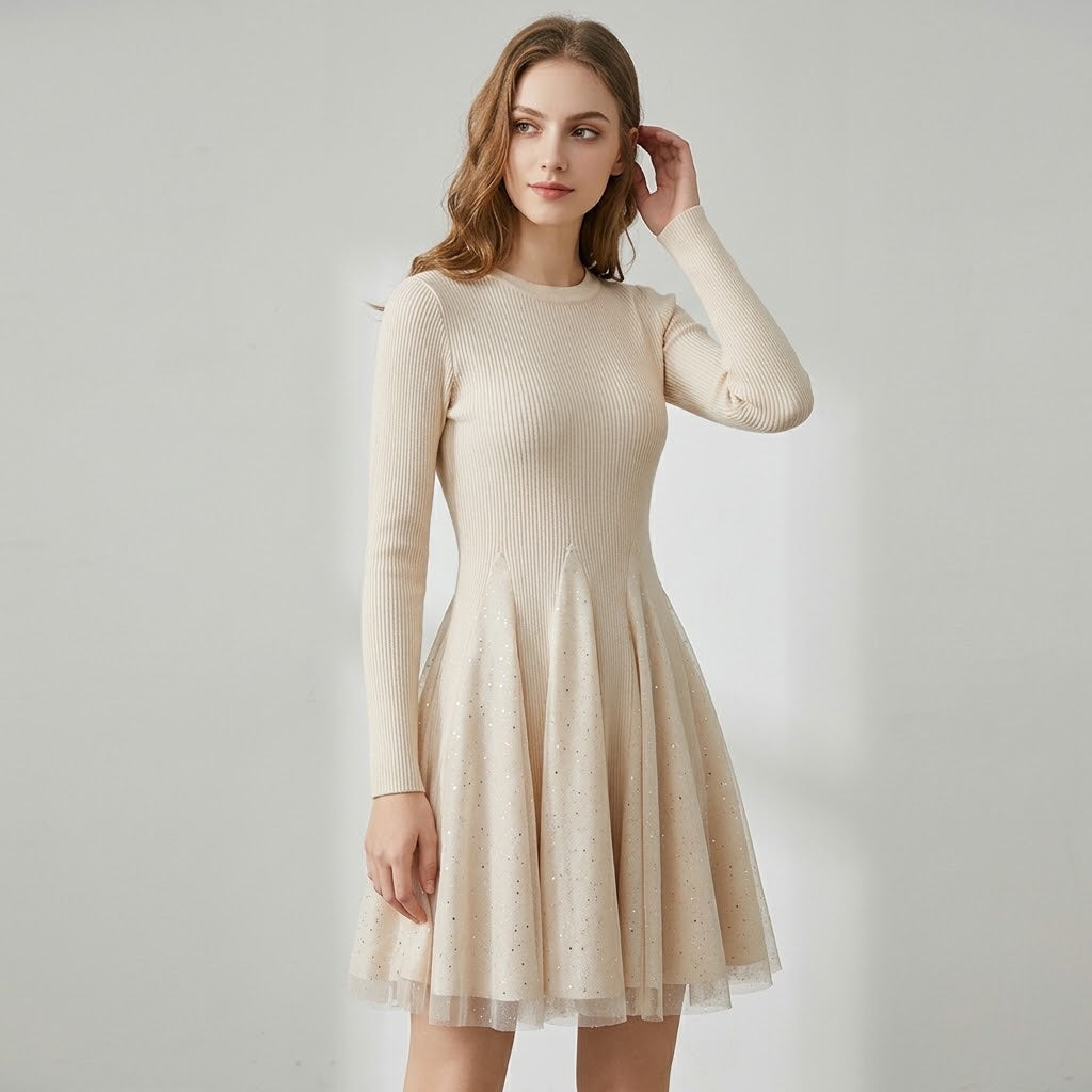 Knit & Tiered Tulle Spliced Long-Sleeve Dress