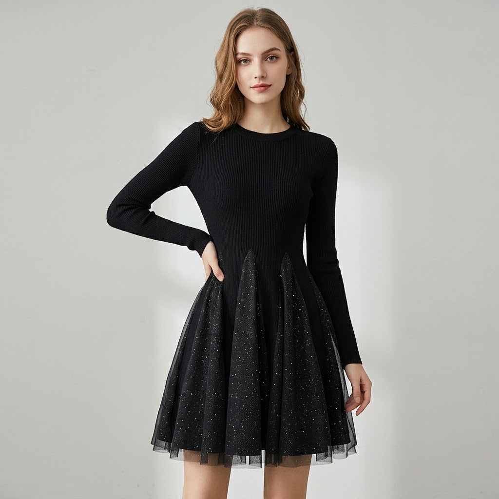 Knit & Tiered Tulle Spliced Long-Sleeve Dress