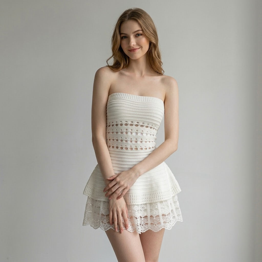 Openwork Knit & Floral Lace Spliced Strapless Dress