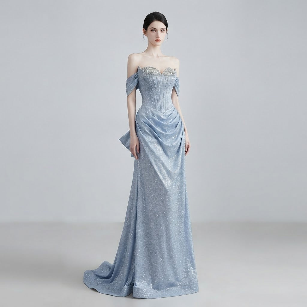 Tailored Bardot-Neckline Beaded Evening Dress