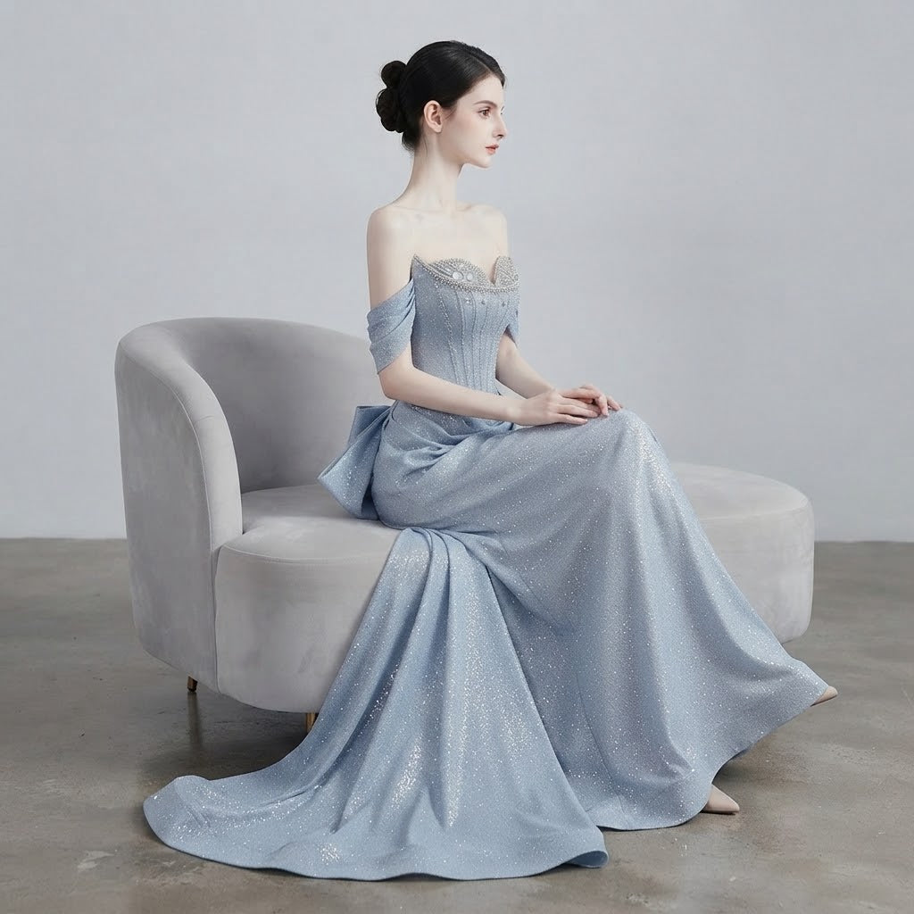 Tailored Bardot-Neckline Beaded Evening Dress