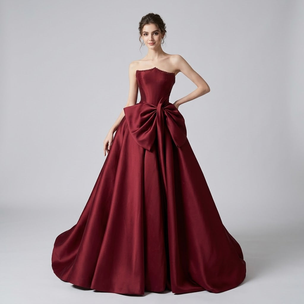 Vintage Beaded Bandeau Floor-Length Satin Evening Dress