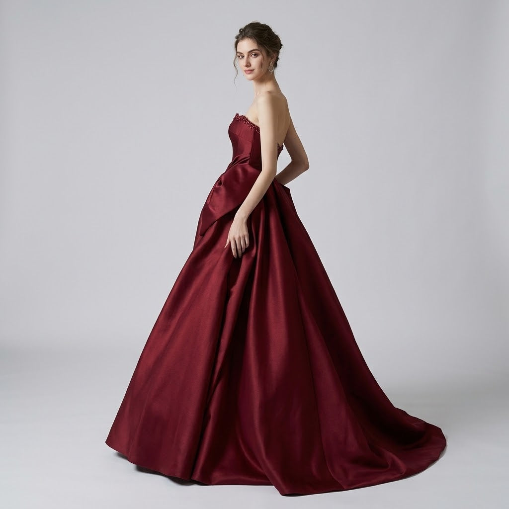 Vintage Beaded Bandeau Floor-Length Satin Evening Dress
