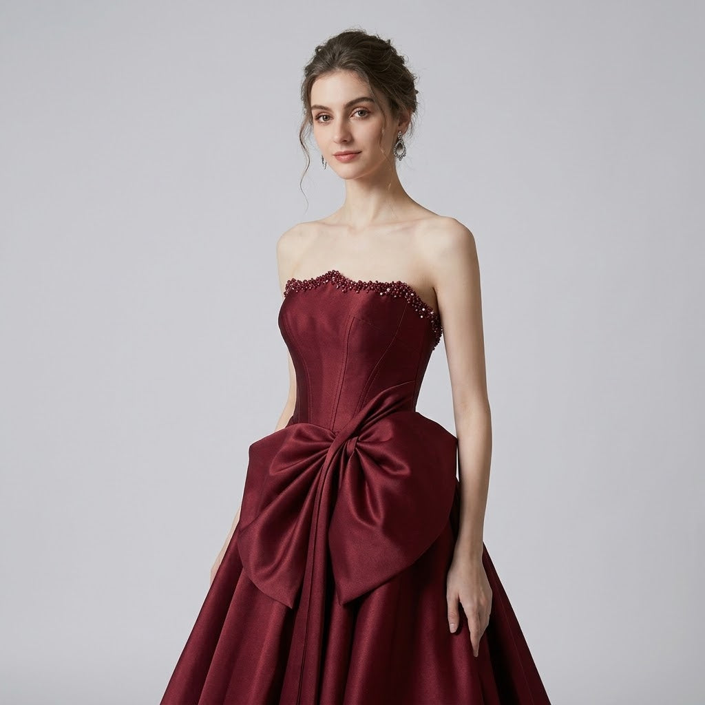 Vintage Beaded Bandeau Floor-Length Satin Evening Dress