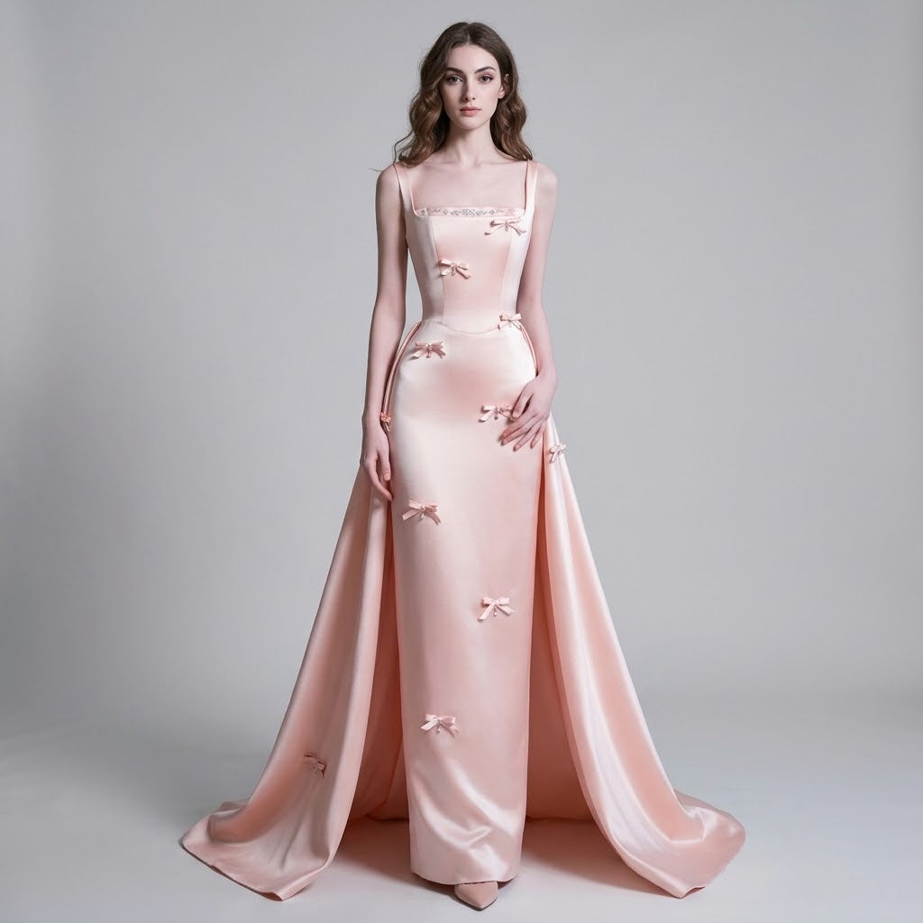 Bow-Accented Spaghetti-Strap Floor-Length Mermaid Evening Dress
