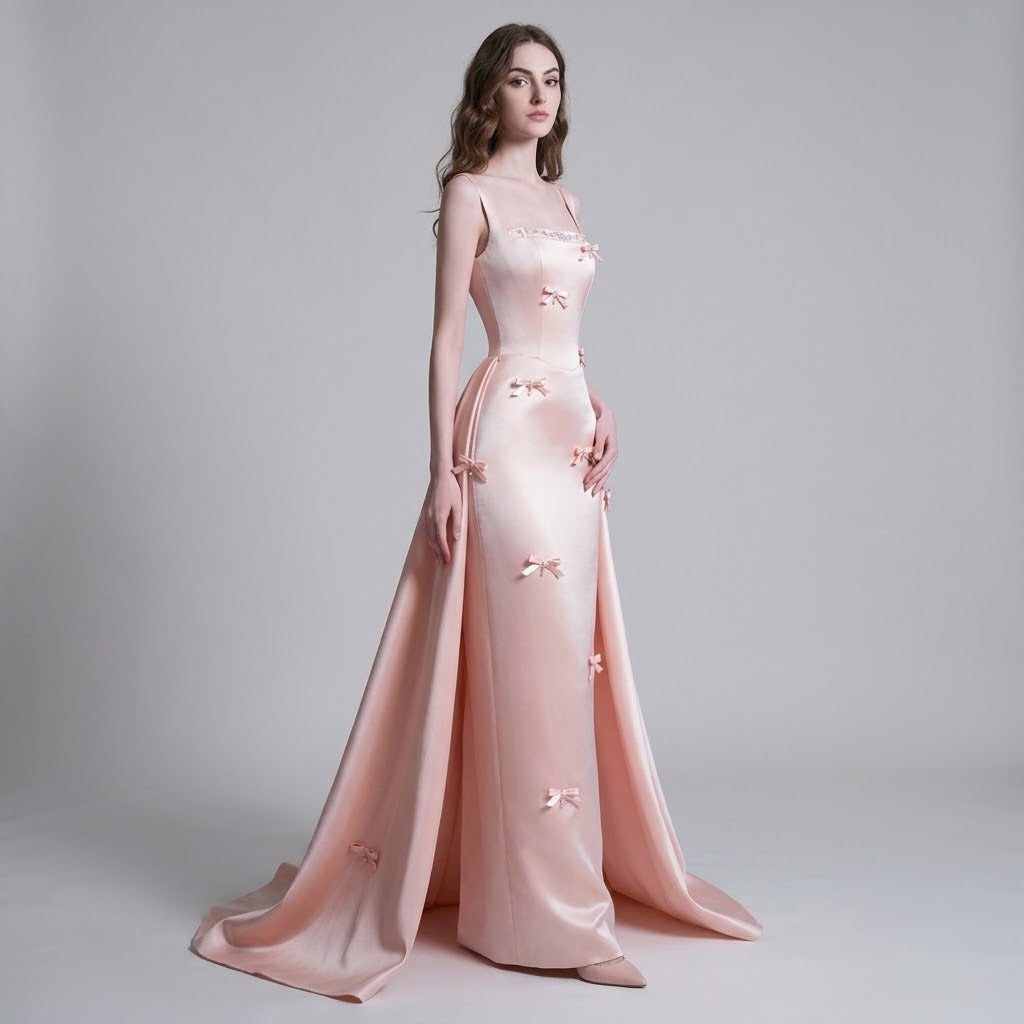 Bow-Accented Spaghetti-Strap Floor-Length Mermaid Evening Dress