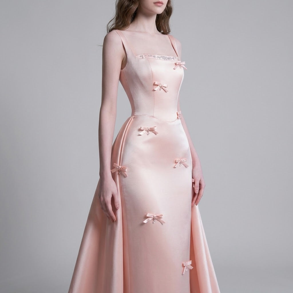 Bow-Accented Spaghetti-Strap Floor-Length Mermaid Evening Dress