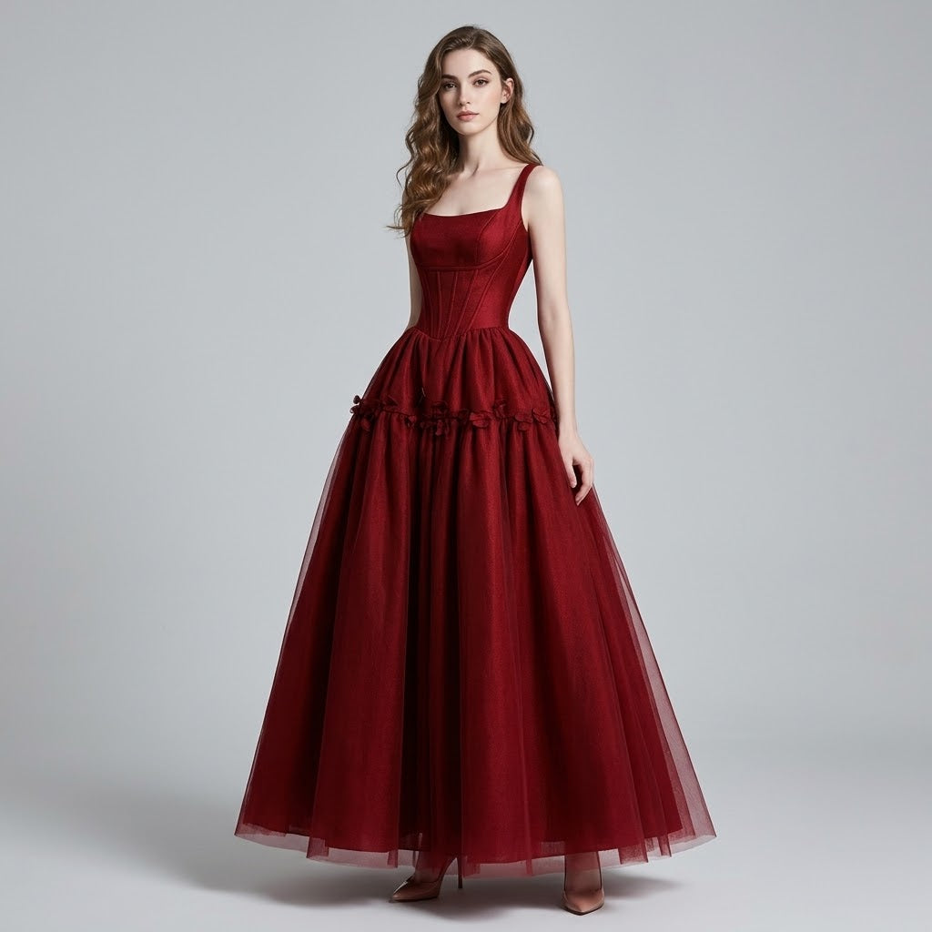 Floral Applique Spaghetti Strap Floor Length Evening Dress