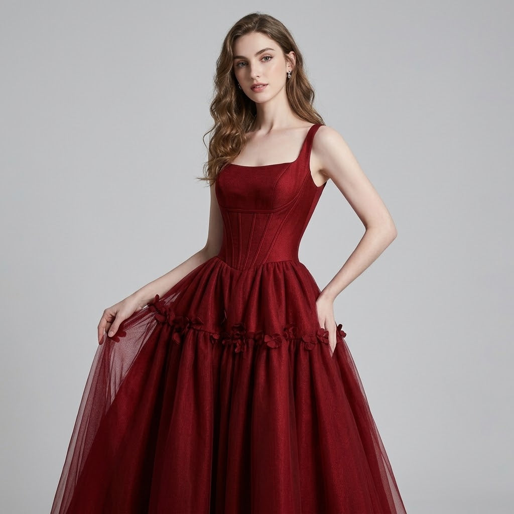Floral Applique Spaghetti Strap Floor Length Evening Dress