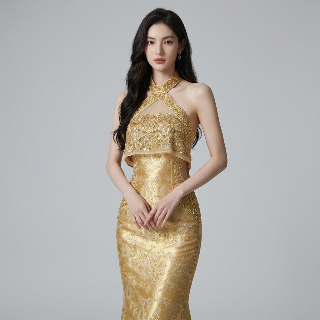 Artisanal Heavy-Embroidered Halter-Neck Trailing Cheongsam Evening Dress
