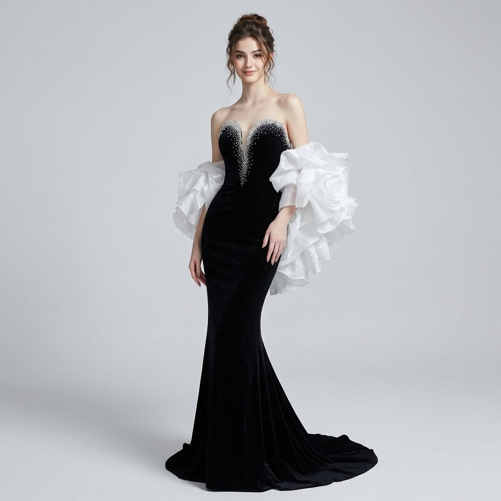 Hand-Beaded Bandeau Floor-Length Mermaid Evening Dress