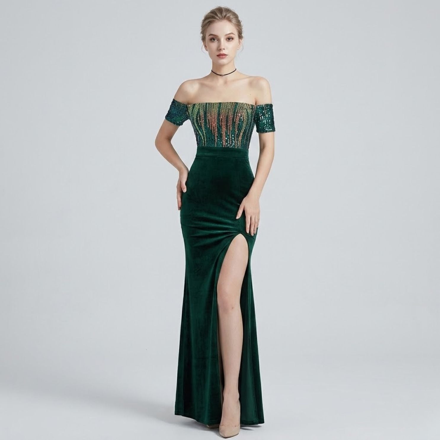 #7608 OFF SHOULDER  SEQUINS EVENING DRESS