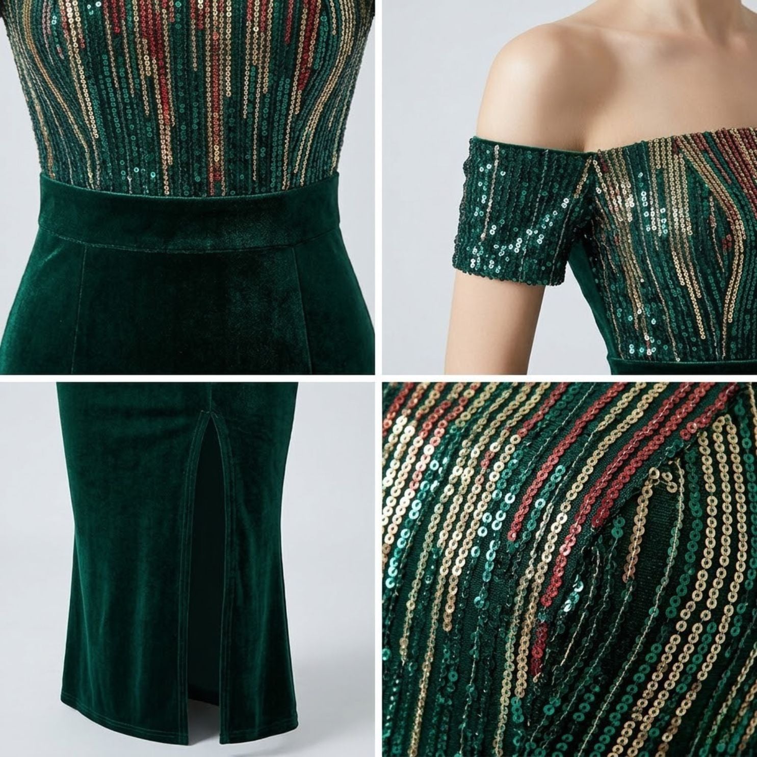 #7608 OFF SHOULDER  SEQUINS EVENING DRESS