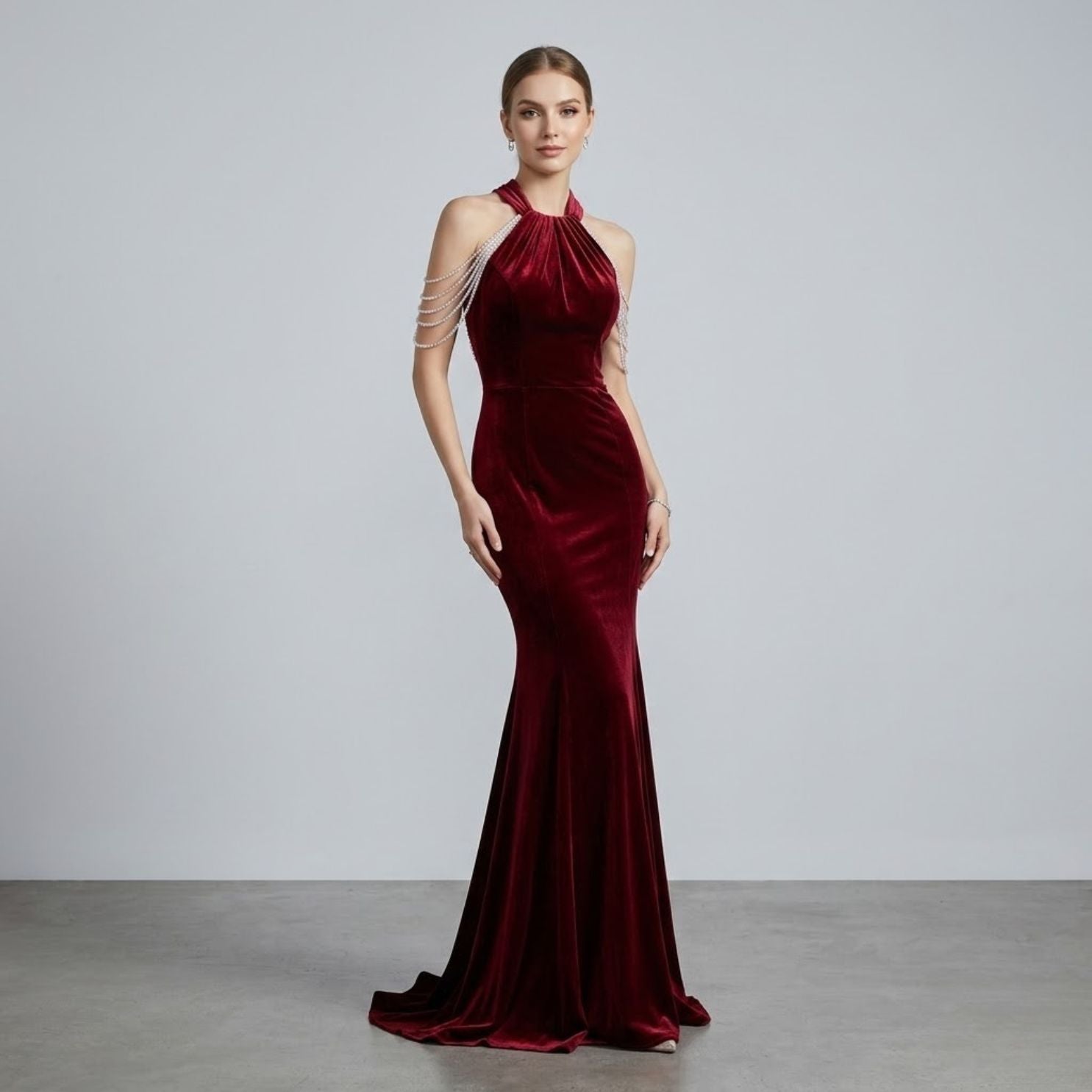#7767 OFF HALTER EVENING DRESS