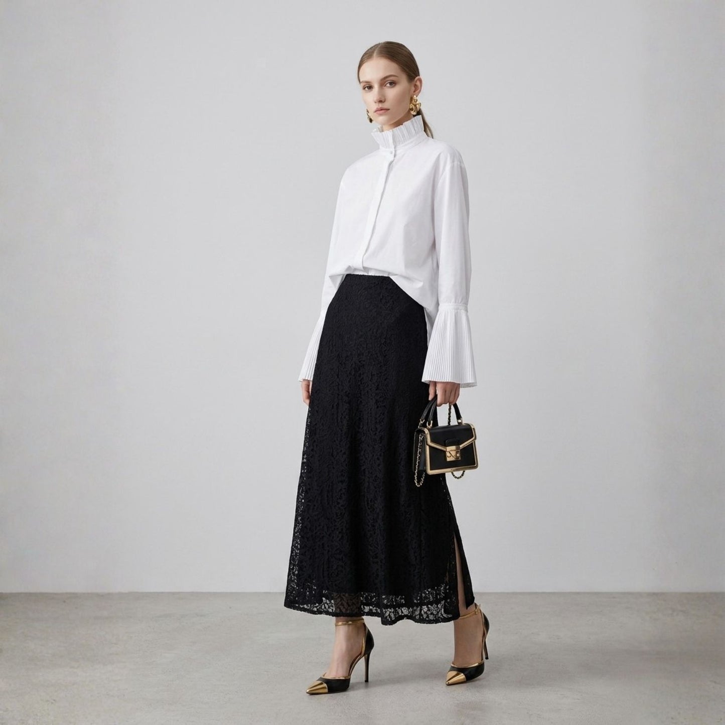 Ruff Neck Pleated Flare Sleeve Blouse