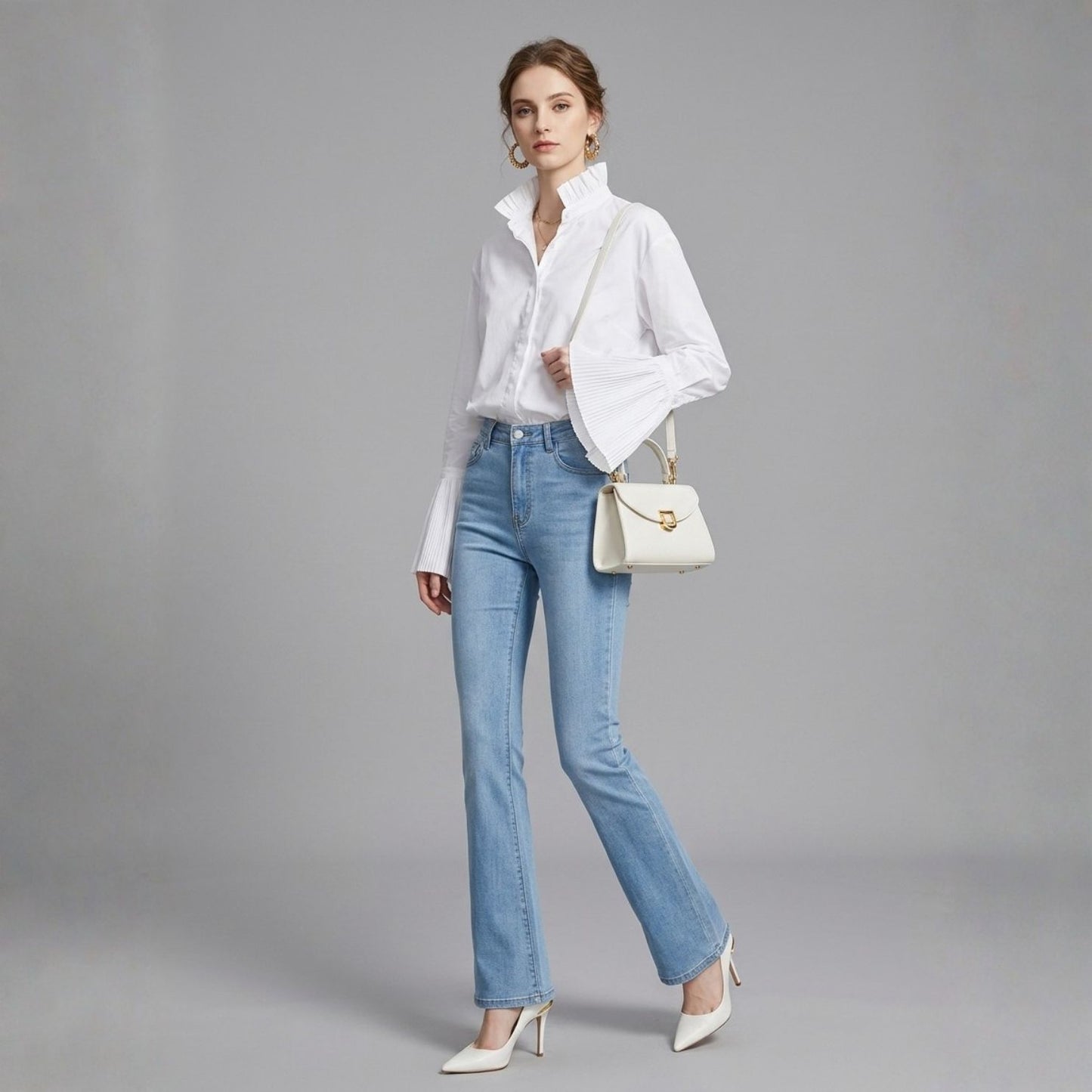 Ruff Neck Pleated Flare Sleeve Blouse