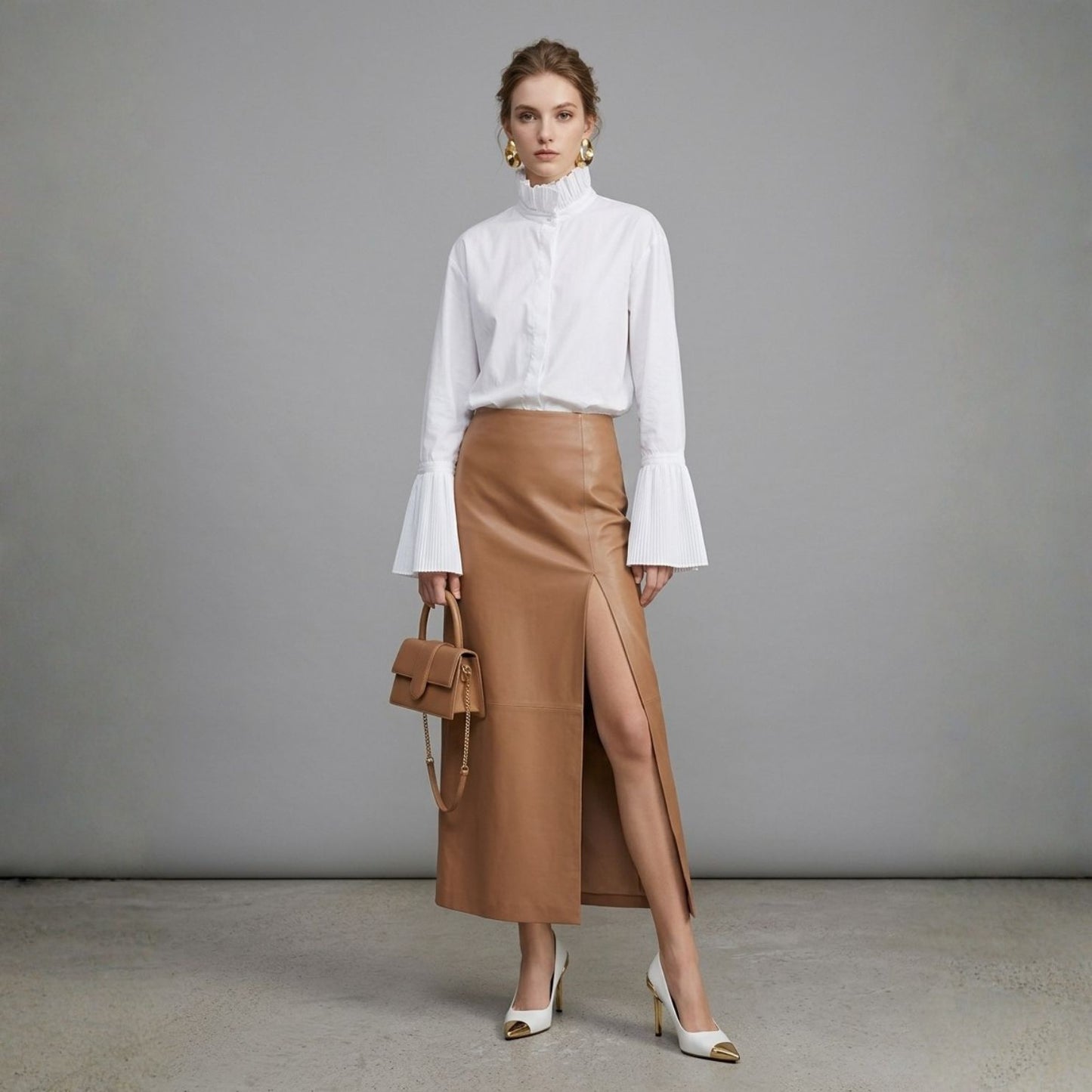 Ruff Neck Pleated Flare Sleeve Blouse